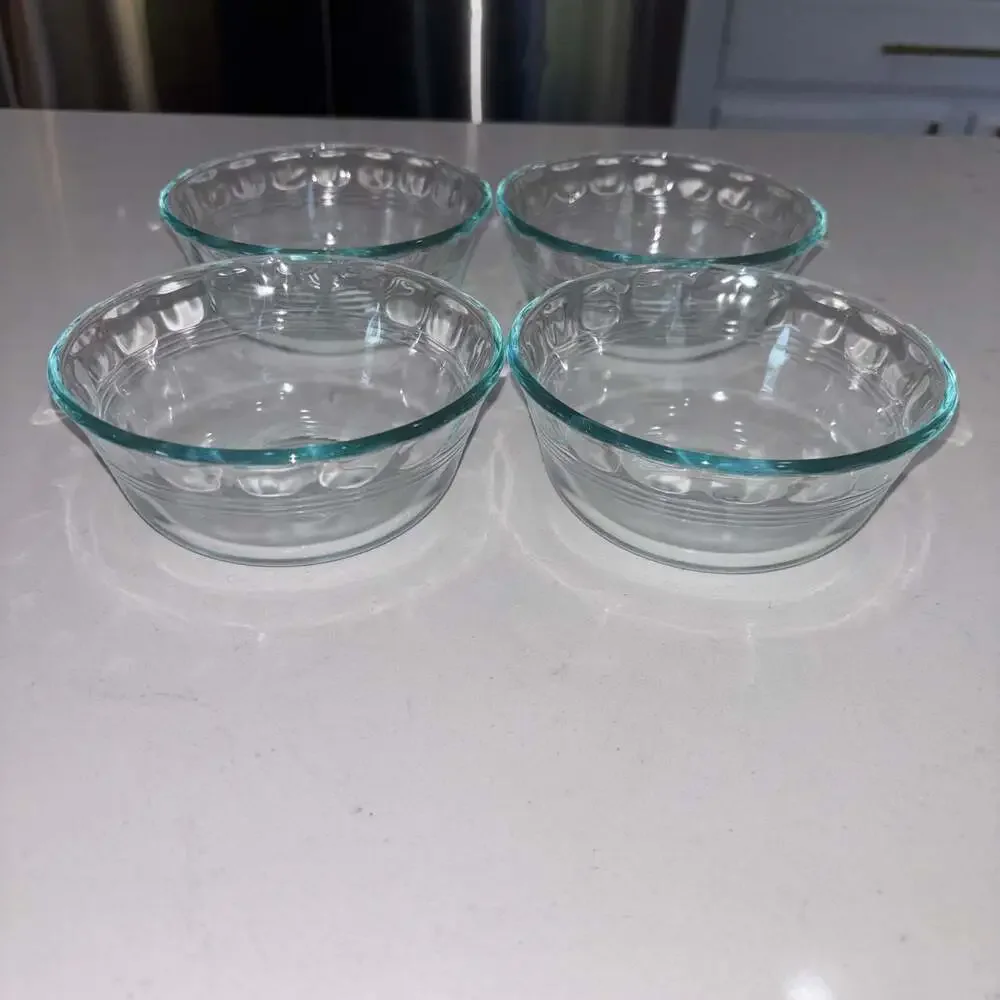 Pyrex 464 10 oz Aqua Glass Scalloped Rim 3 Ring Custard Cups Ramekins (4)
